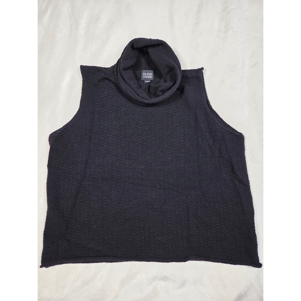 Eileen Fisher Black 100% Wool Sleeveless Turtleneck Top L Boxy Textured Knit